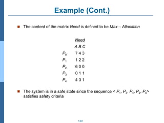 1.33
Example (Cont.)
 The content of the matrix Need is defined to be Max – Allocation
Need
A B C
P0 7 4 3
P1 1 2 2
P2 6 0 0
P3 0 1 1
P4 4 3 1
 The system is in a safe state since the sequence < P1, P3, P4, P2, P0>
satisfies safety criteria
 