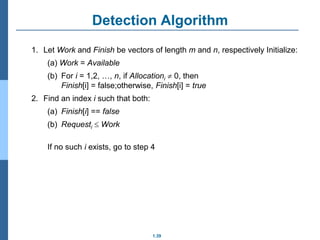 1.39
Detection Algorithm
1. Let Work and Finish be vectors of length m and n, respectively Initialize:
(a) Work = Available
(b) For i = 1,2, …, n, if Allocationi  0, then
Finish[i] = false;otherwise, Finish[i] = true
2. Find an index i such that both:
(a) Finish[i] == false
(b) Requesti  Work
If no such i exists, go to step 4
 
