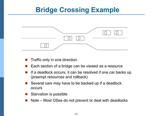 1.6
Bridge Crossing Example
 Traffic only in one direction
 Each section of a bridge can be viewed as a resource
 If a deadlock occurs, it can be resolved if one car backs up
(preempt resources and rollback)
 Several cars may have to be backed up if a deadlock
occurs
 Starvation is possible
 Note – Most OSes do not prevent or deal with deadlocks
 