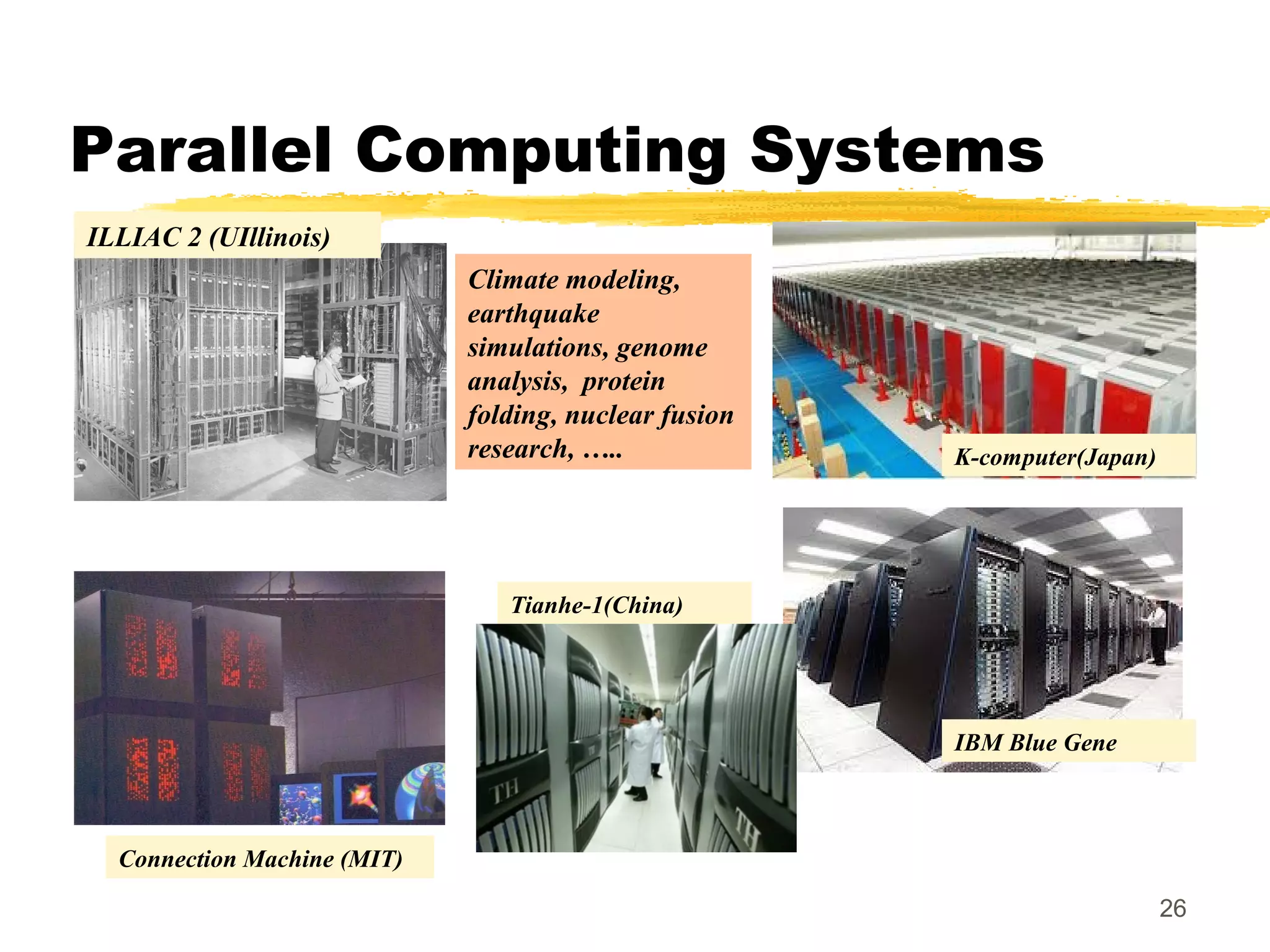 Parallel Computing Systems
26
Climate modeling,
earthquake
simulations, genome
analysis, protein
folding, nuclear fusion
research, …..
ILLIAC 2 (UIllinois)
Connection Machine (MIT)
IBM Blue Gene
Tianhe-1(China)
K-computer(Japan)
 