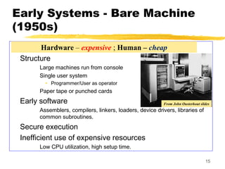 15
Early Systems - Bare Machine
(1950s)
Structure
Large machines run from console
Single user system
• Programmer/User as operator
Paper tape or punched cards
Early software
Assemblers, compilers, linkers, loaders, device drivers, libraries of
common subroutines.
Secure execution
Inefficient use of expensive resources
Low CPU utilization, high setup time.
From John Ousterhout slides
Hardware – expensive ; Human – cheap
 
