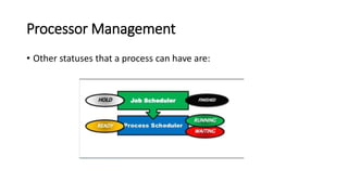 Processor Management
• Other statuses that a process can have are:
 