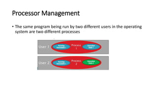 Processor Management
• The same program being run by two different users in the operating
system are two different processes
 