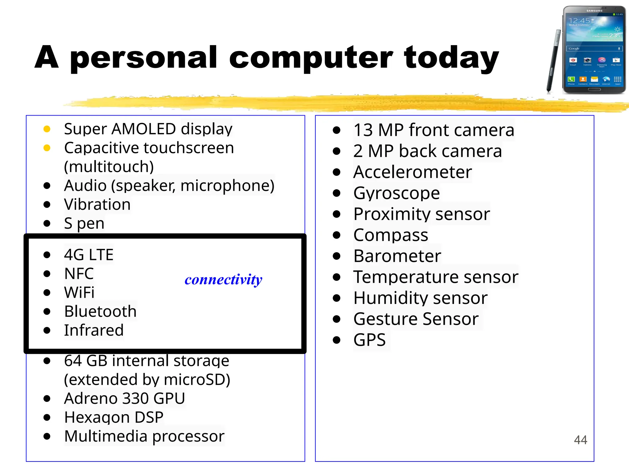 A personal computer today
● Super AMOLED display
● Capacitive touchscreen
(multitouch)
● Audio (speaker, microphone)
● Vibration
● S pen
● 4G LTE
● NFC
● WiFi
● Bluetooth
● Infrared
● 64 GB internal storage
(extended by microSD)
● Adreno 330 GPU
● Hexagon DSP
● Multimedia processor
● 13 MP front camera
● 2 MP back camera
● Accelerometer
● Gyroscope
● Proximity sensor
● Compass
● Barometer
● Temperature sensor
● Humidity sensor
● Gesture Sensor
● GPS
44
connectivity
 