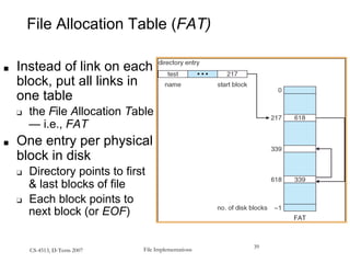 File Implementations
CS-4513, D-Term 2007
39
File Allocation Table (FAT)
■ Instead of link on each
block, put all links in
one table
❑ the File Allocation Table
— i.e., FAT
■ One entry per physical
block in disk
❑ Directory points to first
& last blocks of file
❑ Each block points to
next block (or EOF)
 