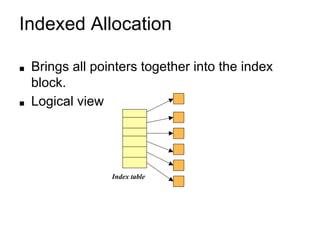 Indexed Allocation
■ Brings all pointers together into the index
block.
■ Logical view
Index table
 