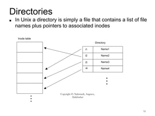 Copyright ©: Nahrstedt, Angrave,
Abdelzaher
51
Directories
■ In Unix a directory is simply a file that contains a list of file
names plus pointers to associated inodes
Inode table
i1
i2
i3
i4
Name1
Name2
Name3
Name4
…
Directory
…
 