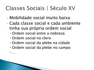 Classes Sociais | Século XV
• Mobilidade social muito baixa
• Cada classe social e cada ambiente tinha
sua própria ordem social
• Ordem social entre a nobreza
• Ordem social no clero
• Ordem social da plebe na cidade
• Ordem social da plebe no campo
• …
 