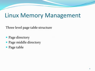 Linux Memory ManagementThree level page table structurePage directoryPage middle directoryPage table6
