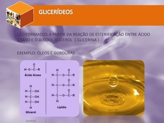 SÃO FORMADOS A PARTIR DA REAÇÃO DE ESTERIFICAÇÃO ENTRE ÁCIDO
GRAXO E O ÁLCOOL GLICEROL ( GLICERINA ).
EXEMPLO: ÓLEOS E GORDURAS.
 