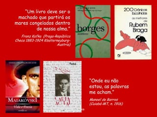 “Um livro deve ser o
 machado que partirá os
mares congelados dentro
         de nossa alma.”
   Franz Kafka (Praga-República
Checa 1883-1924 Klosterneuburg-
                        Áustria)




                                              “Onde eu não
                                              estou, as palavras
                                              me acham.”
                                              Manoel de Barros
                                              (Cuiabá-MT, n. 1916)
                                   D'Árabia
 