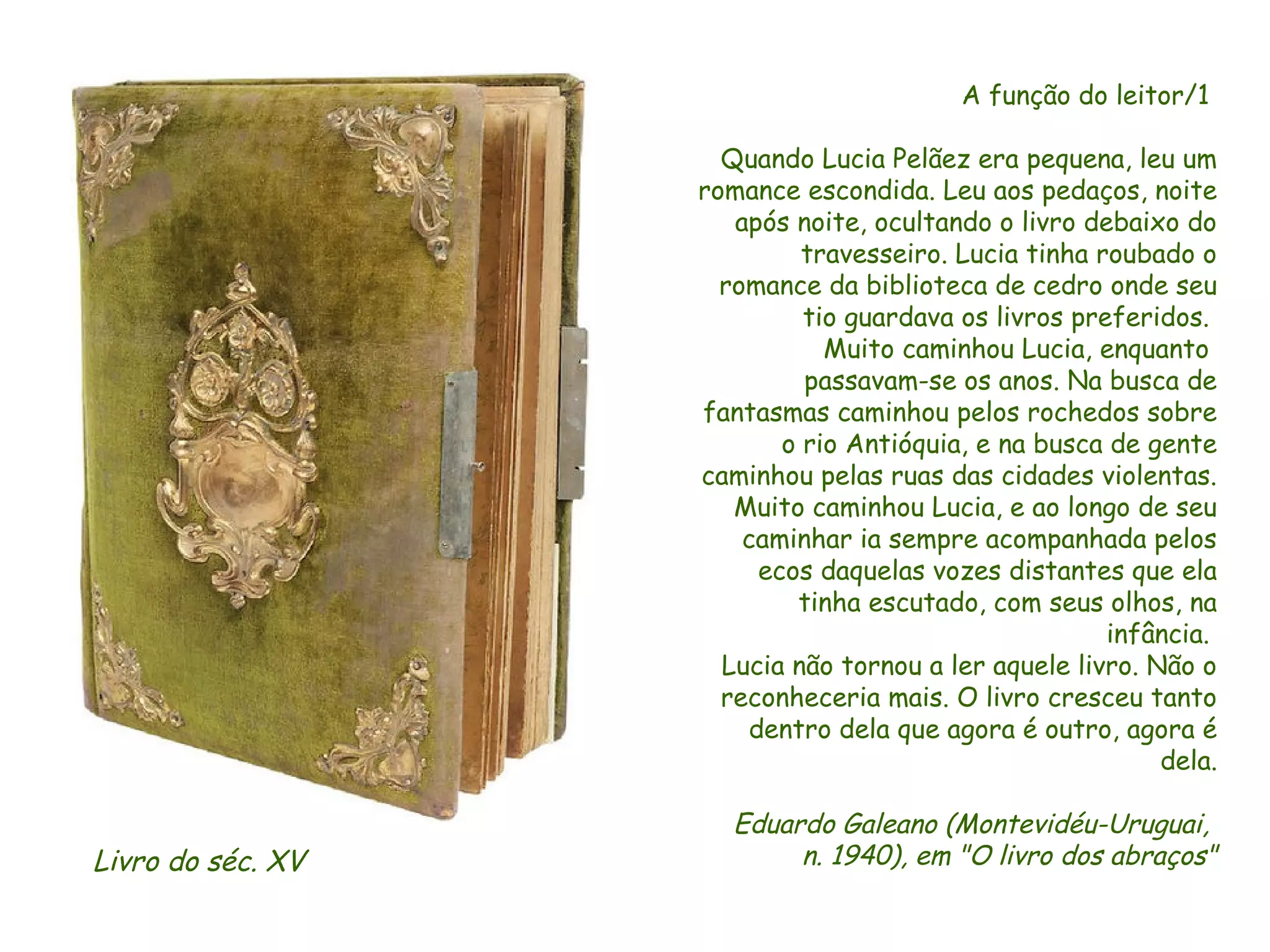 A função do leitor/1

                     Quando Lucia Pelãez era pequena, leu um
                   romance escondida. Leu aos pedaços, noite
                      após noite, ocultando o livro debaixo do
                            travesseiro. Lucia tinha roubado o
                     romance da biblioteca de cedro onde seu
                            tio guardava os livros preferidos.
                              Muito caminhou Lucia, enquanto
                            passavam-se os anos. Na busca de
                   fantasmas caminhou pelos rochedos sobre
                          o rio Antióquia, e na busca de gente
                   caminhou pelas ruas das cidades violentas.
                      Muito caminhou Lucia, e ao longo de seu
                       caminhar ia sempre acompanhada pelos
                        ecos daquelas vozes distantes que ela
                           tinha escutado, com seus olhos, na
                                                      infância.
                     Lucia não tornou a ler aquele livro. Não o
                     reconheceria mais. O livro cresceu tanto
                       dentro dela que agora é outro, agora é
                                                           dela.

                      Eduardo Galeano (Montevidéu-Uruguai,
Livro do séc. XV           n. 1940), em "O livro dos abraços"
 