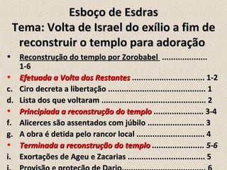 Esboço de Esdras
    Tema: Volta de Israel do exílio a fim de
     reconstruir o templo para adoração
•    Reconstrução do templo por Zorobabel ....................
     1-6
•    Efetuada a Volta dos Restantes ................................ 1-2
c.   Ciro decreta a libertação ........................................... 1
d.   Lista dos que voltaram .............................................. 2
•    Principiada a reconstrução do templo ...................... 3-4
f.   Alicerces são assentados com júbilo ......................... 3
g.   A obra é detida pelo rancor local .............................. 4
•    Terminada a reconstrução do templo ....................... 5-6
i.   Exortações de Ageu e Zacarias .................................. 5
 
