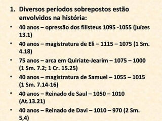 Diversos períodos sobrepostos estão envolvidos na história: 40 anos – opressão dos filisteus 1095 -1055 (juízes 13.1) 40 anos – magistratura de Eli – 1115 – 1075 (1 Sm. 4.18) 75 anos – arca em Quiriate-Jearim – 1075 – 1000  (1 Sm. 7.2; 1 Cr. 15.25) 40 anos – magistratura de Samuel – 1055 – 1015 (1 Sm. 7.14-16) 40 anos – Reinado de Saul – 1050 – 1010 (At.13.21) 40 anos – Reinado de Davi – 1010 – 970 (2 Sm. 5,4) 