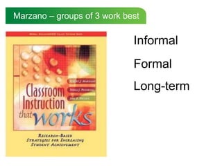 Marzano – groups of 3 work best

                             Informal
                             Formal
                             Long-term
 