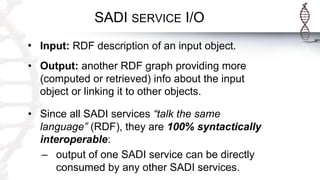SADI SERVICE I/O
• Input: RDF description of an input object.
• Output: another RDF graph providing more
(computed or retrieved) info about the input
object or linking it to other objects.
• Since all SADI services “talk the same
language” (RDF), they are 100% syntactically
interoperable:
– output of one SADI service can be directly
consumed by any other SADI services.
 