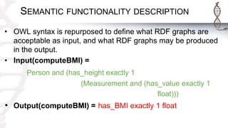 SEMANTIC FUNCTIONALITY DESCRIPTION
• OWL syntax is repurposed to define what RDF graphs are
acceptable as input, and what RDF graphs may be produced
in the output.
• Input(computeBMI) =
Person and (has_height exactly 1
(Measurement and (has_value exactly 1
float)))
• Output(computeBMI) = has_BMI exactly 1 float
 
