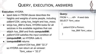 QUERY, EXECUTION, ANSWERS
Query:
FROM <.......rdf> # seed data
SELECT ?bmi_value
{
patient1234 a Person;
has_BMI ?bmi_value
}
Execution: HYDRA
● seed data in FROM clause describes the
heights and weights of some people, including
patient1234, using has_height and has_mass;
● since has_BMI is there, HYDRA looks for all
services in the available registries that can
attach has_BMI and finds computeBMI;
● patient1234 satisfies the input condition of
computeBMI, so HYDRA calls it;
● computeBMI returns
patient1234 has_BMI “32.3”
so HYDRA can return an an answer:
?bmi_value = “32.3”
 