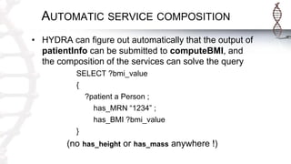 AUTOMATIC SERVICE COMPOSITION
• HYDRA can figure out automatically that the output of
patientInfo can be submitted to computeBMI, and
the composition of the services can solve the query
SELECT ?bmi_value
{
?patient a Person ;
has_MRN “1234” ;
has_BMI ?bmi_value
}
(no has_height or has_mass anywhere !)
 
