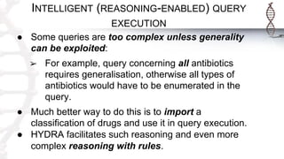 INTELLIGENT (REASONING-ENABLED) QUERY
EXECUTION
● Some queries are too complex unless generality
can be exploited:
➢ For example, query concerning all antibiotics
requires generalisation, otherwise all types of
antibiotics would have to be enumerated in the
query.
● Much better way to do this is to import a
classification of drugs and use it in query execution.
● HYDRA facilitates such reasoning and even more
complex reasoning with rules.
 