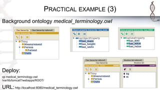 PRACTICAL EXAMPLE (3)
Background ontology medical_terminology.owl
Deploy:
cp medical_terminology.owl
/var/lib/tomcat7/webapps/ROOT/
URL: http://localhost:8080/medical_terminology.owl
 