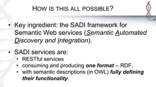 HOW IS THIS ALL POSSIBLE?
• Key ingredient: the SADI framework for
Semantic Web services (Semantic Automated
Discovery and Integration).
• SADI services are:
• RESTful services
• consuming and producing one format -- RDF,
• with semantic descriptions (in OWL) fully defining
their functionality.
 
