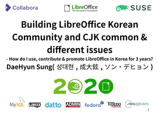 1
Building LibreOffice Korean
Community and CJK common &
different issues
- How do I use, contribute & promote LibreOffice in Korea for 3 years?
DaeHyun Sung( 성대현 , 成大鉉 , ソン・デヒョン )
 