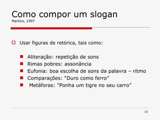 Como compor um slogan Martins, 1997 Usar figuras de retórica, tais como: Aliteração: repetição de sons Rimas pobres: assonância Eufonia: boa escolha de sons da palavra – ritmo Comparações: “Duro como ferro” Metáforas: “Ponha um tigre no seu carro” 