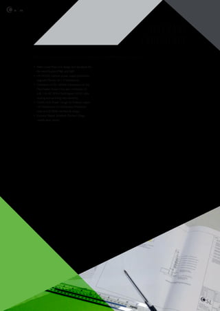 06 ole
• West Coast Main Line design and standards for
the electrification, ME and EP;
• HV AC/DC traction power supply protection
upgrade Mersey rail (15 Substation);
• Installation of DC rectifier substations, on the
Manchester Airport line, also installation of
6  11Kv AC RMU/ Switchgear/ HV/LV cable
routing and earthling requirements;
• 25kVA OLE Power Design for Ardwick depot,
HV Distribution, LV distribution, Protection
relay and SCADA interface  design;
• Eurostar Depot Stratford, OlympicVillage
modification works.
Our team has experience of and worked on the following projects:
relevant
experience
 