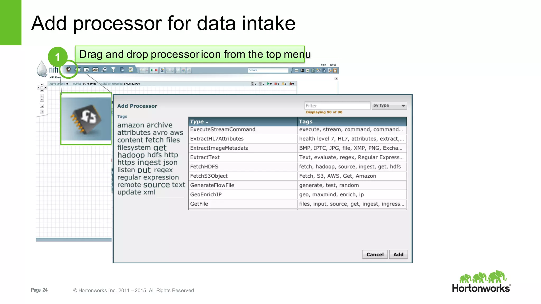 Page   24 ©  Hortonworks  Inc.  2011  – 2015.  All  Rights  Reserved
Add  processor  for  data  intake
1 Drag  and  drop  processor  icon  from  the  top  menu
 