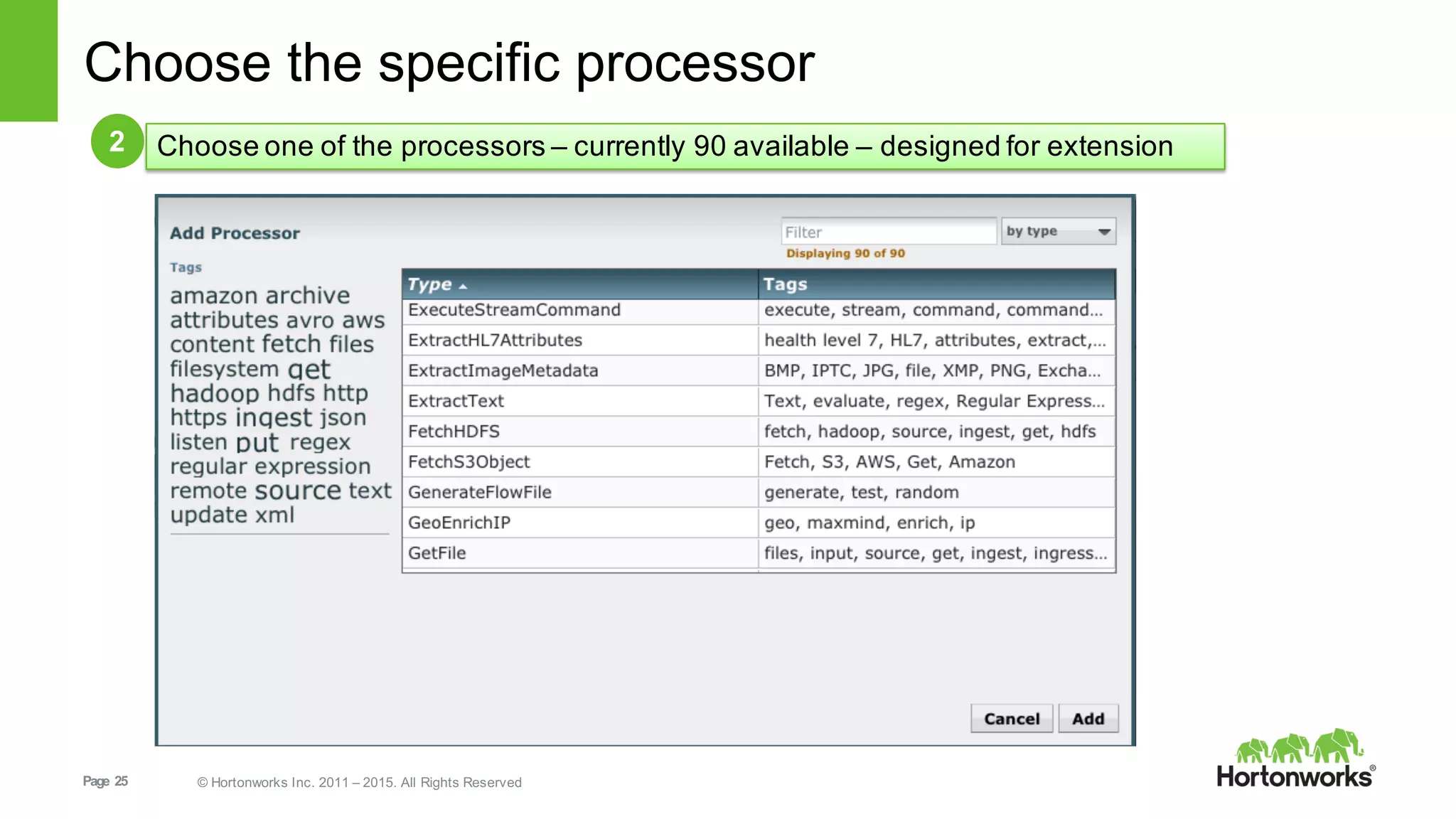 Page   25 ©  Hortonworks  Inc.  2011  – 2015.  All  Rights  Reserved
Choose  the  specific  processor
2 Choose  one  of  the  processors  – currently  90  available  – designed  for  extension
 