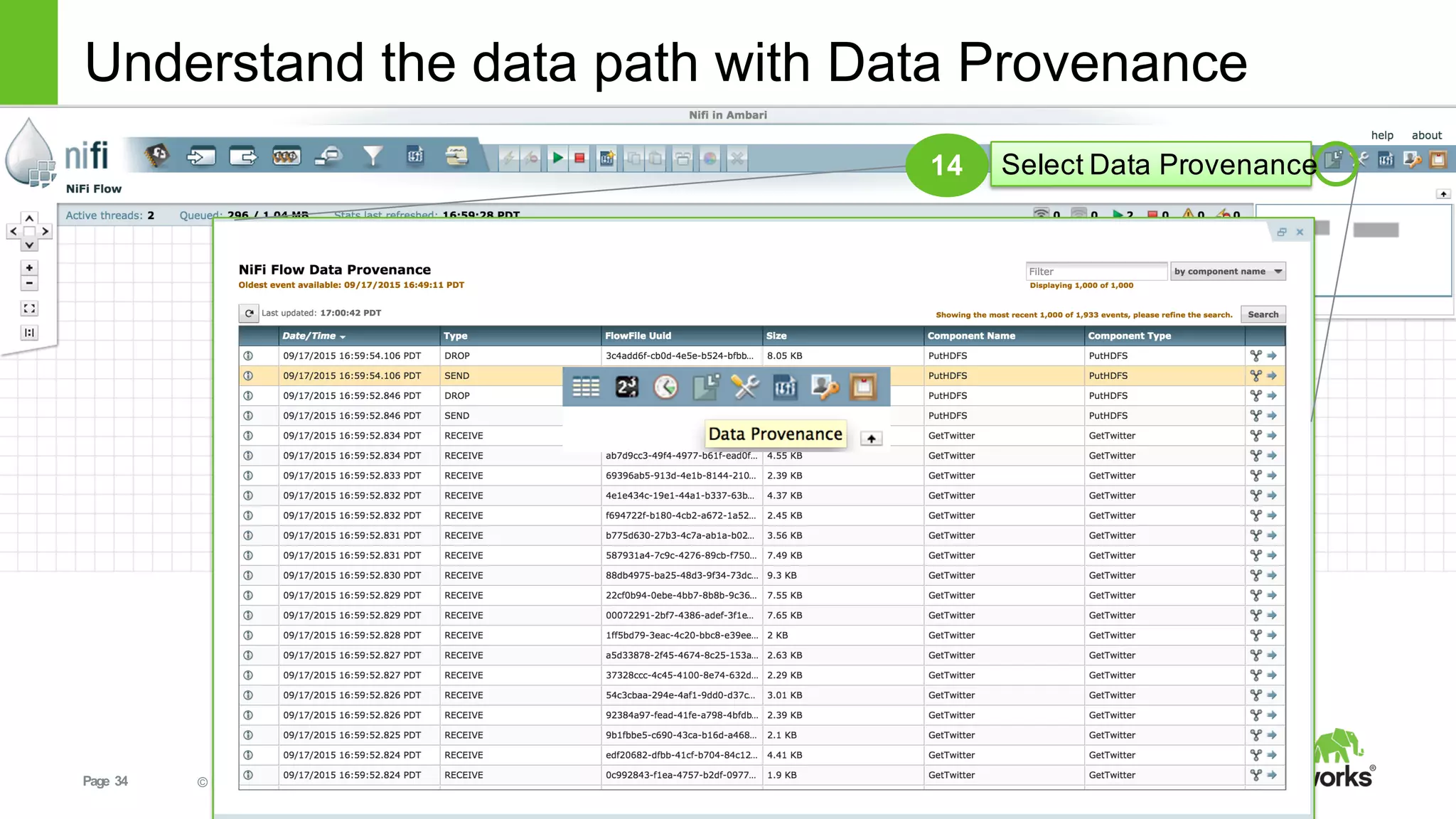 Page   34 ©  Hortonworks  Inc.  2011  – 2015.  All  Rights  Reserved
Understand  the  data  path  with  Data  Provenance
14 Select  Data  Provenance
 