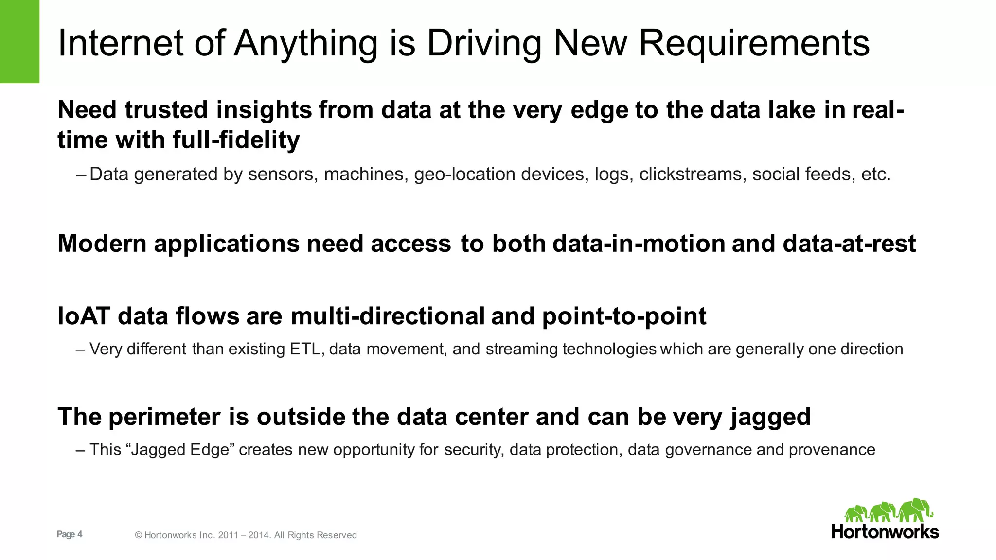 Page  4 ©  Hortonworks  Inc.  2011  – 2014.  All  Rights  Reserved
Internet  of  Anything  is  Driving  New  Requirements
Need  trusted  insights  from  data  at  the  very  edge  to  the  data  lake  in  real-­
time  with  full-­fidelity
– Data  generated  by  sensors,  machines,  geo-­location  devices,  logs,  clickstreams,  social  feeds,  etc.  
Modern  applications need  access  to  both  data-­in-­motion  and  data-­at-­rest
IoAT data  flows  are  multi-­directional  and  point-­to-­point
– Very  different  than  existing  ETL,  data  movement,  and  streaming  technologies  which  are  generally  one  direction
The  perimeter  is  outside  the  data  center  and  can  be  very  jagged
– This  “Jagged  Edge”  creates  new  opportunity  for  security,  data  protection,  data  governance  and  provenance
 