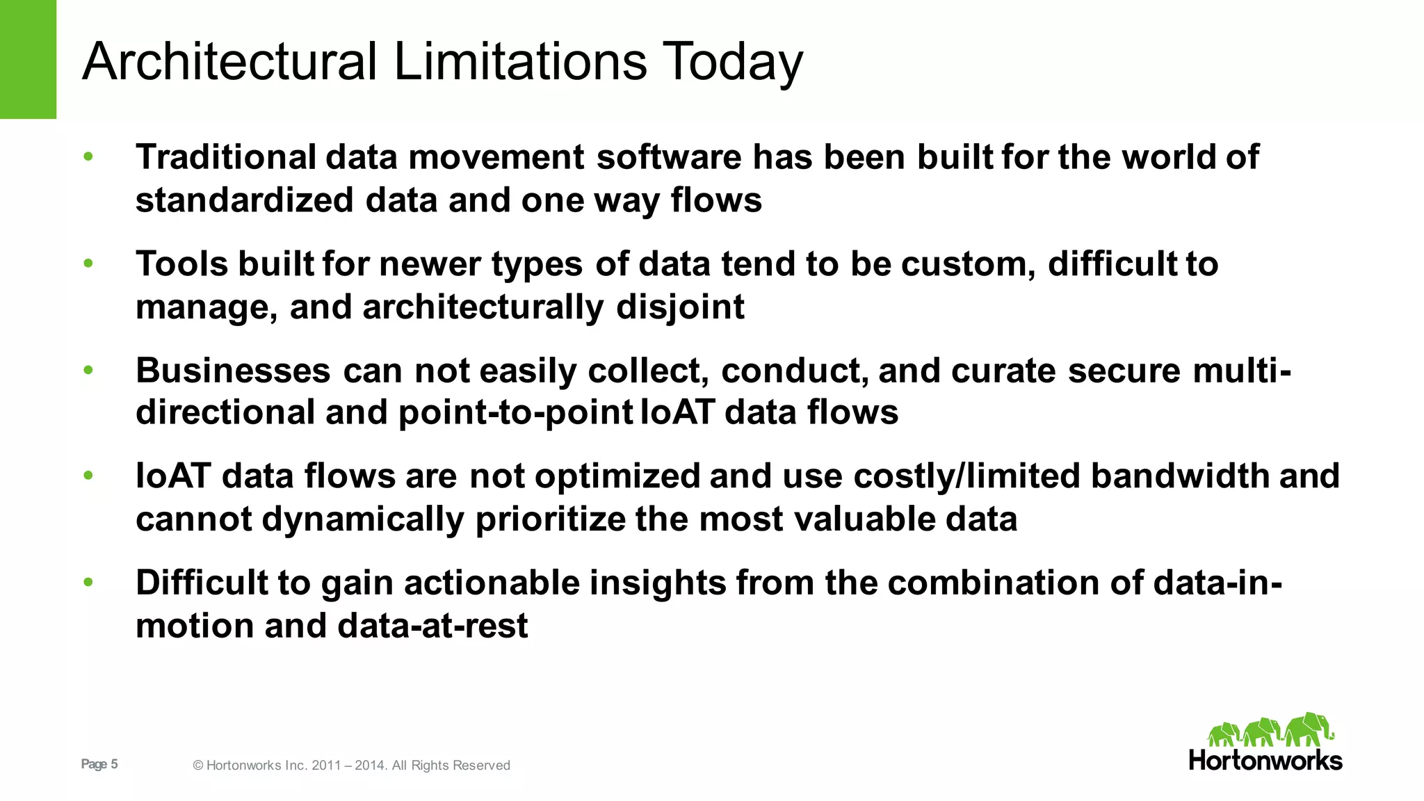 Page  5 ©  Hortonworks  Inc.  2011  – 2014.  All  Rights  Reserved
Architectural  Limitations  Today
• Traditional  data  movement  software  has  been  built  for  the  world  of  
standardized data  and  one  way  flows
• Tools  built  for  newer  types  of  data  tend  to  be  custom,  difficult  to  
manage,  and  architecturally  disjoint
• Businesses  can  not  easily  collect,  conduct,  and  curate  secure  multi-­
directional  and  point-­to-­point  IoAT data  flows
• IoAT data  flows  are  not  optimized  and  use  costly/limited  bandwidth  and  
cannot  dynamically  prioritize  the  most  valuable  data
• Difficult  to  gain  actionable  insights  from  the  combination  of  data-­in-­
motion  and  data-­at-­rest
 