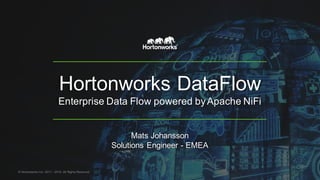 Hortonworks  DataFlow
Enterprise  Data  Flow  powered  by  Apache  NiFi
Mats  Johansson
Solutions  Engineer  -­ EMEA
©  Hortonworks  Inc.  2011  – 2015.  All  Rights  Reserved
 