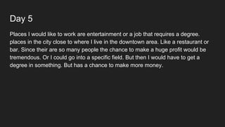 Day 5
Places I would like to work are entertainment or a job that requires a degree.
places in the city close to where I live in the downtown area. Like a restaurant or
bar. Since their are so many people the chance to make a huge profit would be
tremendous. Or I could go into a specific field. But then I would have to get a
degree in something. But has a chance to make more money.
 