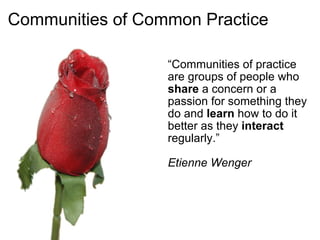 Communities of Common Practice   “ Communities of practice are groups of people who  share  a concern or a passion for something they do and  learn  how to do it better as they  interact  regularly.” Etienne Wenger   