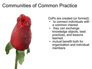 Communities of Common Practice   CoPs are created (or formed):   to connect individuals with a common interest   they can exchange knowledge objects, best practices, and lessons learned.  mutual benefit both for organization and individual members 