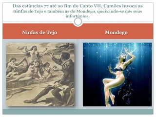 Das estâncias 77 até ao fim do Canto VII, Camões invoca as
ninfas do Tejo e também as do Mondego, queixando-se dos seus
                        infortúnios.



    Ninfas de Tejo                        Mondego
 