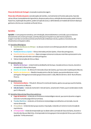 Plano da História de Portugal: encaixadonoplanodaviagem.
Plano das reflexõesdopoeta: consideraçõesde Camões,normalmentenofinal de cadacanto,fazendo
váriascríticas (nomeadamenteàignorância,desprezopelacultura,ambiçãodesmensurada,podertirânico,
hipocrisia,exploraçãodospobres,podercorruptodoouro),e defendendoummodelode homemideal que
ganhará o direitoaser recebidonaIlhade Vénus.
Episódios
Episódio- é uma pequenanarrativa,comintrodução,desenvolvimentoe conclusão,que se relaciona
diretamente comatrama principal,contribuindoparaenriquecê-laouaté mesmoexplicá-la.
Surgeminseridosnanarrativacentral comoformade embelezarotexto,quebraramonotonia,dar
dinamismoe enriqueceraobra.
1) EpisódiosMitológicos
 ConsíliodosDeusesno Olimpo – os deusesreúnem-senoOlimpoparadecidirodestinodos
portugueses.
 Pedidode Vénusa Júpiter– Vénusintercede juntode Júpiter,a favordosportugueses.
 ConsíliodosDeusesmarinhos – Baco consegue convencerosdeusesmarinhosaprovocaremuma
tempestade paraafundara armada portuguesa.
 Váriasintervençõesde Vénuse Baco
2) EpisódiosBélicos
 Batalha de Ourique – relatohistóricodaBatalha de Ourique,travadacontraos mouros,durante o
reinadode D. AfonsoHenriques.
 Batalha do Salado – D. AfonsoIV intercedeafavorde Castela,que haviasidoinvadidapelosMouros.
 Batalha de Aljubarrota – Batalha travadacontra o Rei de Castela, que pretendiatomaroreino
português.Portugal sai vencedorgraçasà bravurade D. João,Mestre de Avise de D. NunoÁlvares
Pereira.
3) EpisódiosLíricos
 FormosíssimaMaria – filhade D. AfonsoIV e rainhade Castela,apelaa seupai que auxilie Castela,
na lutacontra os Mouros.
 Inêsde Castro – relatoda morte de D. Inêsde Castro, amante de D. Pedro,que é condenadaà morte
por D. AfonsoIV.
4) EpisódiosNaturalistas/Descritivo-pictóricos
 Fogo de Santelmo – relatode um fenómenometeorológiconatural, que ocorre durante aviagem.
Consiste numadescargaelétricaluminosa.
 Tromba Marítima – relatode umfenómenometeorológicosemelhanteaumtornado,mas de
menordimensão.
 O escorbuto – relatoda doençaque assolaa tripulação,matandoumnúmeromuitoelevadode
marinheiros.
 A Tempestade – relatoda tempestade que se abate sobre aarmada de Vasco da Gama, durante o
ConsíliodosDeusesMarinhos.A tempestade terminagraçasà intervençãode Vénus,que solicitaa
ajudadas "ninfasamorosas".
 