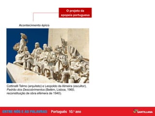 Importância
nacional
Novo
mapa
Importância
universal
Cariz verdadeiro
Orgulho
na História
de Portugal
Descobrimentos
Acontecimento épico
O projeto da
epopeia portuguesa
Cottinelli Telmo (arquiteto) e Leopoldo de Almeira (escultor),
Padrão dos Descobrimentos (Belém, Lisboa, 1960,
reconstituição de obra efémera de 1940).
 