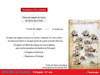 Plano da viagem de Vasco
da Gama até à Índia
Os planos d’Os Lusíadas
A meio da viagem In media res
• O plano da viagem inicia-se no Canto I, estância 19, com a frota
de Vasco da Gama a navegar perto da costa oriental africana.
• Paragem em Melinde (segue-se uma analepse
para narrar episódios da História de Portugal).
• Chegada a Calecute.
• Regresso a Portugal.
Frota de Vasco da Gama
numa gravura do século XVI.
 