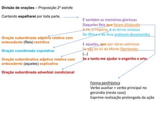 Divisão de orações – Proposição 2º estrofe

Cantando espalharei por toda parte,
                                             E também as memórias gloriosas
                                             Daqueles Reis que foram dilatando
                                             A Fé, o Império, e as terras viciosas
                                             De África e de Ásia andaram devastando;
Oração subordinada adjetiva relativa com
antecedente (Reis) restritiva
                                             E aqueles, que por obras valerosas
Oração coordenada copulativa                 Se vão da lei da Morte libertando;
                                             (…)
Oração subordinativa adjetiva relativa com   Se a tanto me ajudar o engenho e arte.
antecedente (aqueles) explicativa

Oração subordinada adverbial condicional

                                                 Forma perifrástica
                                                 Verbo auxiliar + verbo principal no
                                                 gerúndio (neste caso)
                                                 Exprime realização prolongada da ação
 