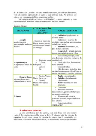 d) A forma: “Os Lusíadas” são uma narrativa em verso, dividida em dez cantos,
com um número aproximado de cento e dez estrofes cada. As estrofes são
oitavas em verso decassilábico, geralmente heróico
       O esquema rimático é fixo – ABABABCC – sendo, portanto, a rima
cruzada nos seis primeiros versos e emparelhada nos dois últimos.

Quadro-Síntese:
                         CONCRETIZAÇÃO
   ELEMENTOS                 EM “OS                      CARACTERÍSTICAS
                           LUSÍADAS”
                                                   - Unidade - ligação entre as
                                               diversas partes
    - A acção                                      - Variedade - inserção de
                        - viagem de Vasco da
acontecimentos                                 episódios para quebrar a monotonia e
                        Gama, acontecimento
representados ao longo                         embelezar a acção
                        culminante da história
da obra                                            - Verdade -assunto real, ou,
                        de Portugal
                                               pelo menos, verosímil
                                                   - Integridade - criação de uma
                                               intriga com principio, meio e fim
                                                   - Individual e principal, com
                                               uma dimensão simbólica (um povo de
                            - Vasco da gama marinheiros)
 - A personagem             - O Povo               - Herói colectivo, fundamental
os agentes ou heróis da Português              numa epopeia
acção                       - Camões               - herói individual
                            - Etc                  - Não são meros símbolos, têm
                                               paixões humaníssimas, identificam o
                                               êxito e o fracasso, a vitória e a derrota
                            - Júpiter, Vénus,      - Pagão - deuses pagãos
    - O maravilhoso
                        Marte, Baco, etc.          - Cristão - divindades do
intervenção de seres
                            - Deus (A                  cristianismo
sobrenaturais na acção
                        Divina Providência         - Misto - mistura dos dois
                        Cristã)                        anteriores
                                                   - Dez cantos
                                                   - Narrativa em versos
                                               decassilábicos, geralmente heróicos,
                                               agrupados em oitavas
A forma                                            - Rima cruzada nos seis
                                               primeiros versos e emparelhada nos
                                               dois últimos
                                                   - Esquema rimático:
                                               ABABABCC

       A estrutura externa
       A obra distribui-se por dez cantos, cada um deles com um número
variável de estrofes (em média cento e dez). O número total de estrofes da
epopeia é de mil cento e duas. As estrofes são oitavas, isto é, constituídas por
oito versos. Os versos são decassilábicos, na sua maioria heróicos (acentuados


                                                                                       2
 