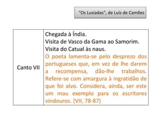“Os Lusíadas”, de Luís de Camões
Canto VII
Chegada à Índia.
Visita de Vasco da Gama ao Samorim.
Visita do Catual às naus.
O poeta lamenta-se pelo desprezo dos
portugueses que, em vez de lhe darem
a recompensa, dão-lhe trabalhos.
Refere-se com amargura à ingratidão de
que foi alvo. Considera, ainda, ser este
um mau exemplo para os escritores
vindouros. (VII, 78-87)
 