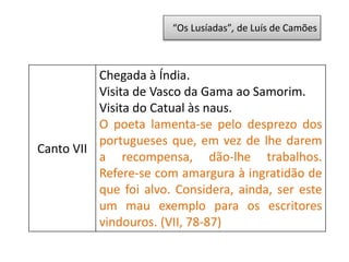 “Os Lusíadas”, de Luís de Camões
Canto VII
Chegada à Índia.
Visita de Vasco da Gama ao Samorim.
Visita do Catual às naus.
O poeta lamenta-se pelo desprezo dos
portugueses que, em vez de lhe darem
a recompensa, dão-lhe trabalhos.
Refere-se com amargura à ingratidão de
que foi alvo. Considera, ainda, ser este
um mau exemplo para os escritores
vindouros. (VII, 78-87)
 