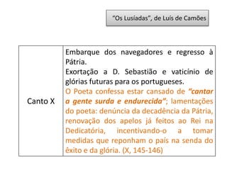 “Os Lusíadas”, de Luís de Camões
Canto X
Embarque dos navegadores e regresso à
Pátria.
Exortação a D. Sebastião e vaticínio de
glórias futuras para os portugueses.
O Poeta confessa estar cansado de “cantar
a gente surda e endurecida”; lamentações
do poeta: denúncia da decadência da Pátria,
renovação dos apelos já feitos ao Rei na
Dedicatória, incentivando-o a tomar
medidas que reponham o país na senda do
êxito e da glória. (X, 145-146)
 