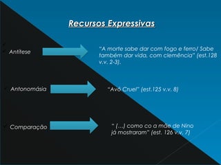 Recursos ExpressivasRecursos Expressivas
ü
ü Antítese
“A morte sabe dar com fogo e ferro/ Sabe
também dar vida, com clemência” (est.128
v.v. 2-3).
ü Antonomásia “Avô Cruel” (est.125 v.v. 8)
ü Comparação “ (…) como co a mãe de Nino
já mostraram” (est. 126 v.v. 7)
 
