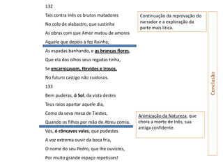 132
Tais contra Inês os brutos matadores        Continuação da reprovação do
No colo de alabastro, que sustinha          narrador e a exploração da
                                            parte mais lírica.
As obras com que Amor matou de amores
Aquele que depois a fez Rainha;
As espadas banhando, e as brancas flores,
Que ela dos olhos seus regadas tinha,
Se encarniçavam, férvidos e irosos,




                                                                           Conclusão
No futuro castigo não cuidosos.
133
Bem puderas, ó Sol, da vista destes
Teus raios apartar aquele dia,
Como da seva mesa de Tiestes,
                                            Animização da Natureza, que
Quando os filhos por mão de Atreu comia.    chora a morte de Inês, sua
                                            antiga confidente.
Vós, ó côncavos vales, que pudestes
A voz extrema ouvir da boca fria,
O nome do seu Pedro, que lhe ouvistes,
Por muito grande espaço repetisses!
 