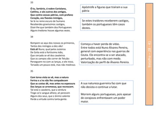 33

Ó tu, Sertório, ó nobre Coriolano,
                                            Apóstrofe a figuras que traíram a sua
Catilina, e vós outros dos antigos,         pátria
Que contra vossas pátrias, com profano
Coração, vos fizestes inimigos,
Se lá no reino escuro de Sumano             Se estes traidores receberem castigos,
Receberdes gravíssimos castigos,            também os portugueses têm casos
Dizei-lhe que também dos Portugueses        destes.
Alguns tredores houve algumas vezes.

34




                                                                                       Batalha – 28 - 41
Rompem-se aqui dos nossos os primeiros,    Começa a haver perda de vidas.
Tantos dos inimigos a eles vão!
Está ali Nuno, qual pelos outeiros
                                           Entre todos está Nuno Álvares Pereira,
De Ceita está o fortíssimo leão,           general com experiência nas guerras de
Que cercado se vê dos cavaleiros           Ceuta. Ele encontra-se a ser atacado,
Que os campos vão correr de Tetuão:        perturbado, mas não com medo.
Perseguem-no com as lanças, e ele iroso,   Valorização do perfil de Álvares Pereira.
Torvado um pouco está, mas não medroso.

35

Com torva vista os vê, mas a natura
Ferina e a ira não lhe compadecem
Que as costas dê, mas antes na espessura   A sua natureza guerreira faz com que
Das lanças se arremessa, que recrescem.    não desista e continue a lutar.
Tal está o cavaleiro, que a verdura
Tinge co'o sangue alheio; ali perecem
                                           Morrem alguns portugueses, pois apesar
Alguns dos seus, que o ânimo valente
Perde a virtude contra tanta gente.        de corajosos enfrentavam um poder
                                           maior.
 